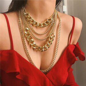 Chunky Gold Layered Chain Necklace Multilayer Punk 80s Hip Hop Statement Jewelry